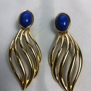 Monet Blue Cabochon Gold Dangle Pierced Earrings statement bold 2.5x1